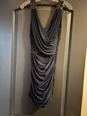 Draped Dark Navy Midi Dress with Beaded Shoulder Straps